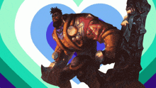 a man with a beard is holding a large sword in front of a heart shaped background