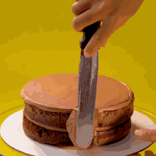 a person is cutting a cake with a knife and spatula