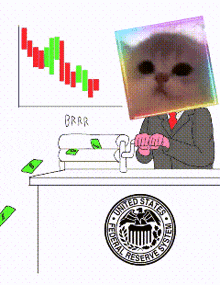 a cartoon of a man with a cat on his head standing in front of a united states federal reserve system logo
