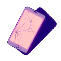 a cell phone with a cracked screen laying on a purple surface