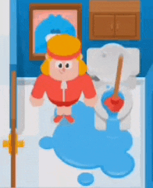 a cartoon character is standing next to a toilet with a plunger in his hand .