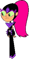 a cartoon character with pink hair and green eyes is wearing a purple and black outfit .