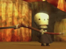 a cartoon character is holding a sword in front of a wall .