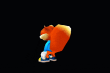 a cartoon squirrel wearing a blue hoodie and blue shoes is standing in front of a black background .