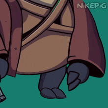 a cartoon drawing of a pig holding a green light saber with nikepig written below it