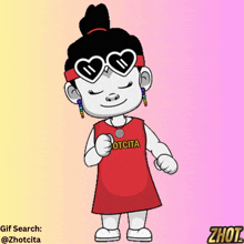 a cartoon drawing of a girl wearing sunglasses and a zhotci shirt