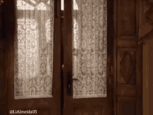 a picture of a door with a lace curtain on it