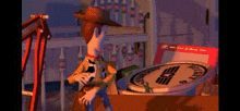 woody from toy story is standing in front of a clock