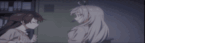 two anime girls are standing next to each other in a dark room and talking .
