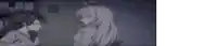 two anime girls are standing next to each other in a dark room and talking .