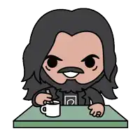 a cartoon of a man with long hair and a beard sitting at a table holding a cup of coffee