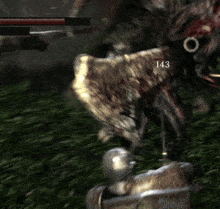 a video game screen shows a knight fighting a monster and the number 143