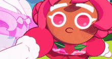 a cartoon character with pink hair and white eyes has a c on her face .