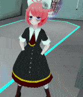 a girl with pink hair is wearing a black dress and a white hat with a cross on it