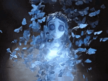 a cartoon character is surrounded by blue butterflies and a light coming out of her chest