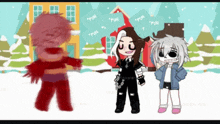 a group of cartoon characters are standing in front of a house in the snow ..