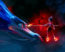 a boy holding a stick in front of a dragon