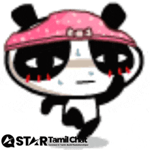 a cartoon panda wearing a pink hat with a star tamil chat logo in the corner