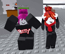 two roblox characters standing next to each other with one wearing a black shirt with the word betty on it
