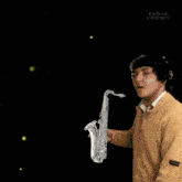a man playing a saxophone in front of cows with the words " enchanted them "