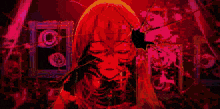 a pixel art of a girl with green hair behind a broken glass
