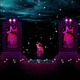 a video game scene with a purple statue in the middle of the screen
