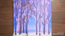 a painting of purple trees with the words made in animotica on the bottom