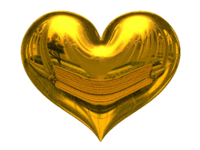 a golden heart with a reflection of a building