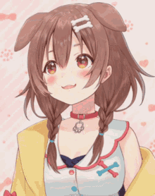 a close up of a girl with braids and a necklace with bones on it