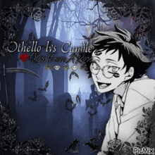a black and white drawing of a boy with the words " othello vs candle kiss from a rose "