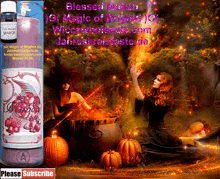 a picture of a witch brewing a potion next to a candle that says blessed mabon