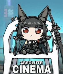 a cartoon drawing of a girl sitting in a chair with the words absolute cinema written above her