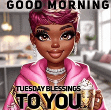 a girl with pink hair is holding a cup of coffee and a cup of ice cream .