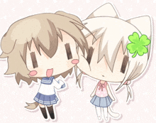 a girl with a clover in her hair stands next to a girl with a dog 's tail