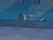 a cartoon character is standing on top of a shoe on the floor .