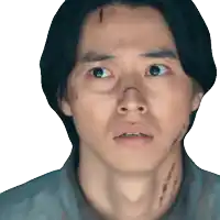 a man with a scar on his forehead looks at the camera with a surprised look on his face