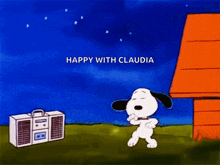 a cartoon of snoopy dancing in front of a boombox with the words happy with claudia below him