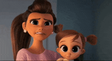 a cartoon woman is holding a little girl and making a funny face