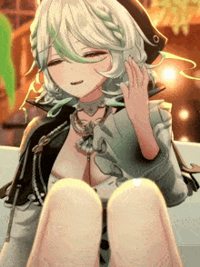 a girl with white hair and green hair is wearing a pirate hat