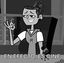 a black and white cartoon of a woman with the words en efecto es cine on the bottom