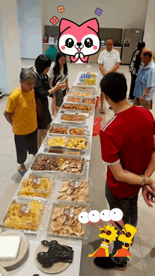 a man in a red shirt stands in front of a long table filled with food and a pink cat