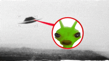 a black and white photo of a flying object and a green alien
