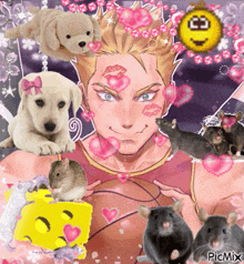 a picture of a man surrounded by animals including a dog and a smiley face