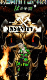 a poster for insanity shows a man in front of a skull with horns