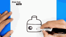 a person is drawing a bottle of liquid with a black marker and the words draw cute things on the bottom right
