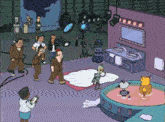 a group of cartoon characters are standing around a bathroom with a sink and a mirror