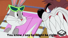 bugs bunny wearing sunglasses is talking to boomerang