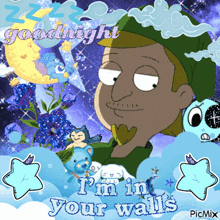 a cartoon of a man with the words goodnight i 'm in your walls on it