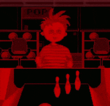 a pixel art of a boy playing bowling with a sign that says pop in the background