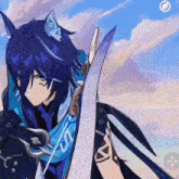 a blue haired anime character is holding a sword and shield .